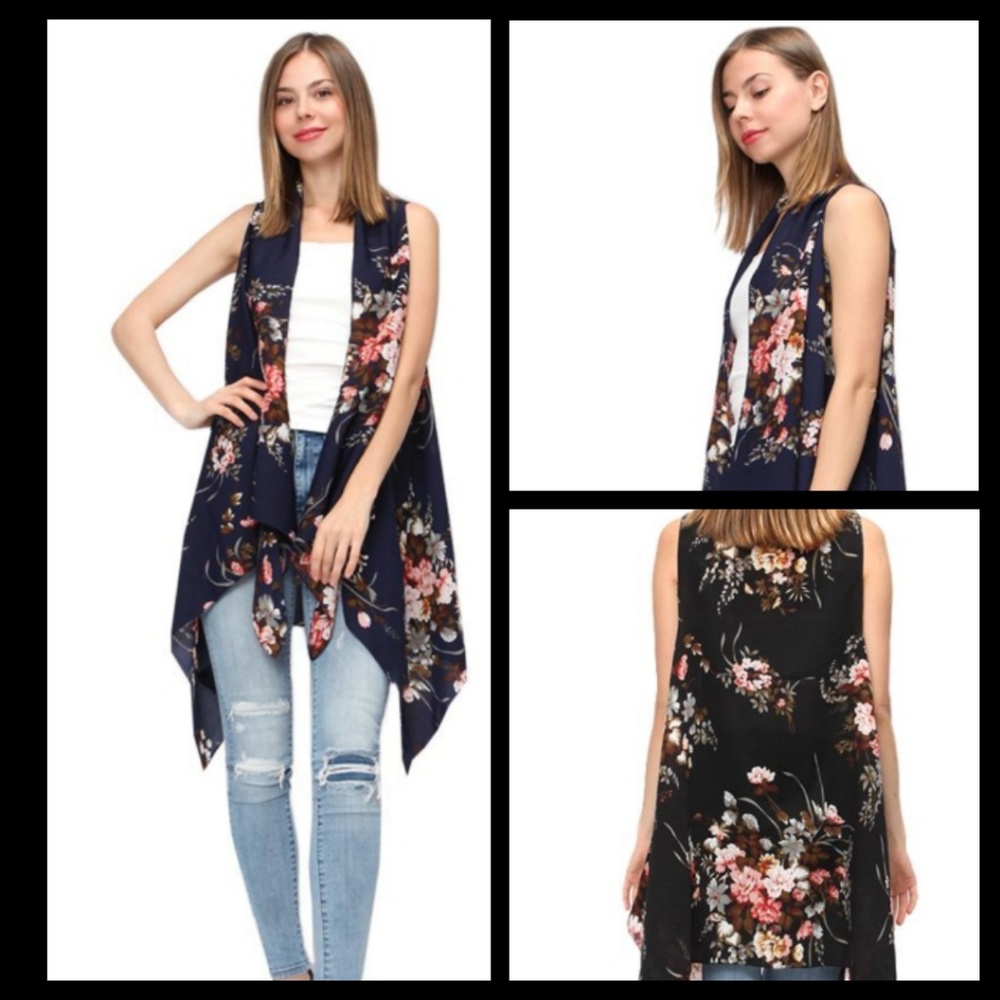 Crinkle Chiffon Floral Print Long Vest